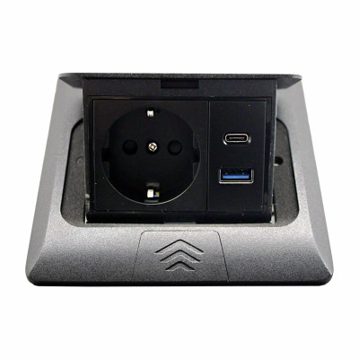 Розетка для підлоги з заземленням врізна 16А + 2USB (type C+A) 2.4А, IP44 , чорний 