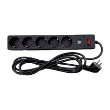 Мережевий фільтр із заземленням 5 гнізд + 2USB, 3 м, чорний, захисні шторки
