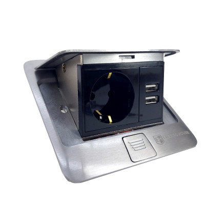 Розетка для підлоги з заземленням врізна 16А + 2USB 2.1А, IP44 , алюміній 