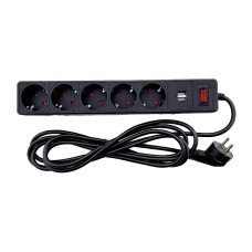 Мережевий фільтр із заземленням 5 гнізд + 2USB, 3 м, чорний, захисні шторки
