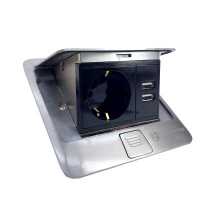 Розетка для підлоги з заземленням врізна 16А + 2USB 2.1А, IP44 , алюміній 