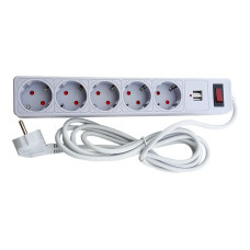 Мережевий фільтр із заземленням 5 гнізд + 2USB, 3 м, сірий, захисні шторки