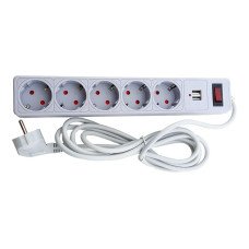 Мережевий фільтр із заземленням 5 гнізд + 2USB, 3 м, сірий, захисні шторки