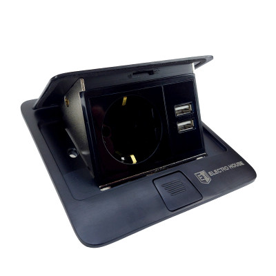 Розетка для підлоги з заземленням врізна 16А + 2USB 2.1А, IP44 , чорний 