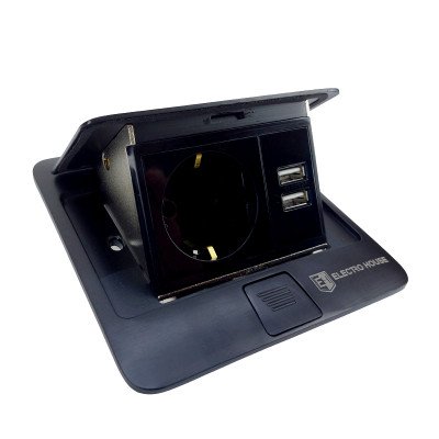 Розетка для підлоги з заземленням врізна 16А + 2USB 2.1А, IP44 , чорний 