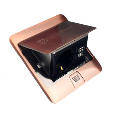 Розетка для підлоги з заземленням врізна 16А + 2USB 2.1А, IP44 , антична мідь
