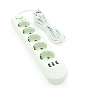 
					Мережевий фільтр F05U, 5 розеток EU + 3 USB, 1.5 м, перетин 3х0, 75мм, 2500W, White, Box
