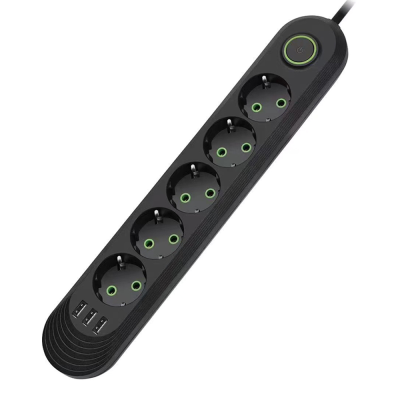 
					Мережевий фільтр F05U, 5 розеток EU + 3 USB, 1.5 м, перетин 3х0, 75мм, 2500W, Black, Box