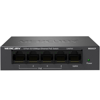 
					Комутатор POE 48V Mercury MS05CP 4 портів POE + 1 порт Ethernet (Uplink) 10/100 Мбіт / сек, БП в комплекті