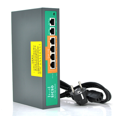 
					Комутатор POE SICSO 48V з 4 портами POE 100Мбит + 2  порт Ethernet (UP-Link) 100Мбит, c посиленням сигналу до 250м, корпус -метал, Silver, БП вбудований, Q30