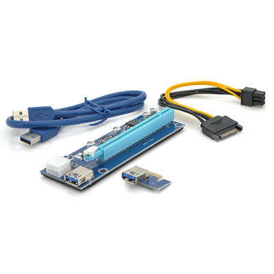 
					Riser PCI-EX, x1 => x16, 6-pin, SATA => 6Pin, USB 3.0 AM-AM 0,6 м (синій), конденсатори CS 220 16V, Пакет