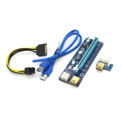 
					Riser PCI-EX, x1 => x16, 6-pin, SATA => 6Pin, USB 3.0 AM-AM 0,6 м (синій), конденсатори 270, Пакет
