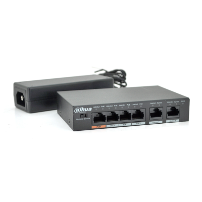 
					Комутатор POE  Dahua DH-PFS3006-4ET-60 з 4 портами POE 100Мбит + 2 порта Ethernet (UP-Link) 100Мбит, корпус - метал, Black, БП в комплекті