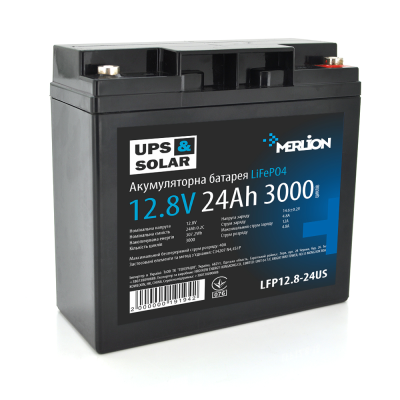 
					Літій-залізо-фосфатний акумулятор Merlion LiFePO4 12.8V 24AH (178x74x164) for UPS, 3000 циклів