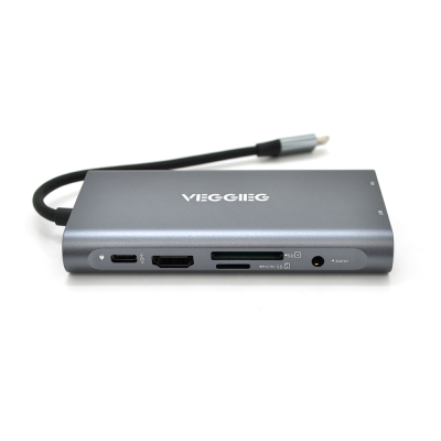 
					Хаб-конвертор VEGGIEG TC10-U Type-C (тато) на Type-C (мама) + USB3.0 * 3 (мама) + HDMI (мама) + VGA (мама) + SD / TF + RJ45, 10 см, Silver, Box