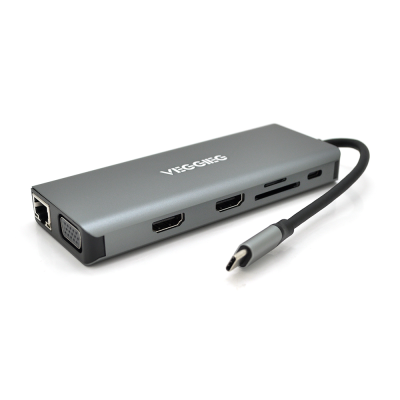 
					Хаб-конвертор VEGGIEG TC12 Type-C (тато) на Type-C (мама) + USB3.0*4(мама) + HDMI*2(мама) + VGA(мама) + SD/TF + RJ45, 10 см, Silver, Box