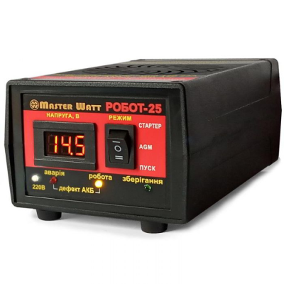 
					Інтелектуальне ЗУ РОБОТ-25 пуско-зарядне для акумулятора 12V(2-400Ah) (MF, WET, AGM, GEL, CA/CA), 160-245V, Ток заряду 25А, крокодили в комплекті