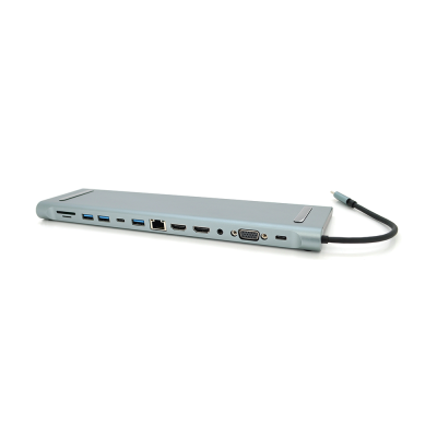 
					Хаб-конвертор 12 в 1 Type-C (тато) на Type-C(мама)+2*USB2.0(мама)+USB3.0(мама)+2*HDMI(мама)+VGA(мама)+SD/TF+RJ45+ jack3.5 (мама)+PD, 10cm, Silver, Box