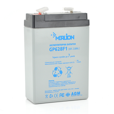 
					Акумуляторна батарея MERLION AGM GP628F1 6 V 2,8Ah ( 67 x 35 x 100 (105) )  0,57 кг Q20