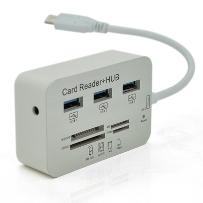 
					Хаб Type-C алюмінієвий, 3 порти USB 3.0 + Card Reader, 20 см, White, Пакет