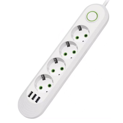
					Мережевий фільтр F04U, 4 розетки EU + 3 USB, 1.5 м, перетин 3х0, 75мм, 2500W, White, Box