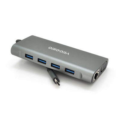 
					Хаб-конвертор VEGGIEG TC11-S Type-C (тато) на Type-C(мама) + USB3.0*3(мама) + HDMI(мама) + jack3.5(мама) + SD/TF + RJ45, 10 см, Silver, Box