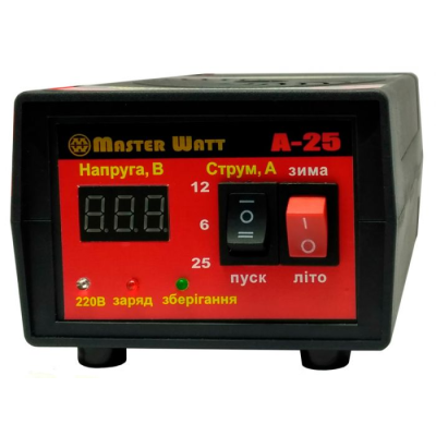 
					Автоматичне ЗУ для акумулятора MW-AZU12-25A 12V (30-300Ah) (MF,WET,AGM,GEL,CA/CA), 160-240V, Мах струм заряду 25А, напруга заряду 14,7;15,4V
