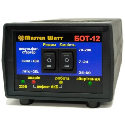 
					Десульфатирующее ЗУ БОТ-12 автоматичне для акумулятора 12V (7-200Ah) (MF, WET,AGM,GEL,CA/CA), 160-245V,Ток заряду 12,5А, крокодили в комплекті
