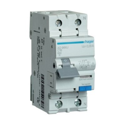 Дифавтомат HAGER 2-п AD966J C 16A 30mA 6KA